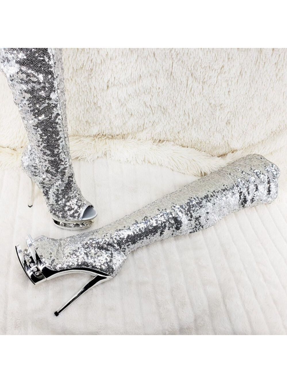 3011 Silver Sequin Open Toe Thigh High Heel Boots Blondie - Picture 6 of 15